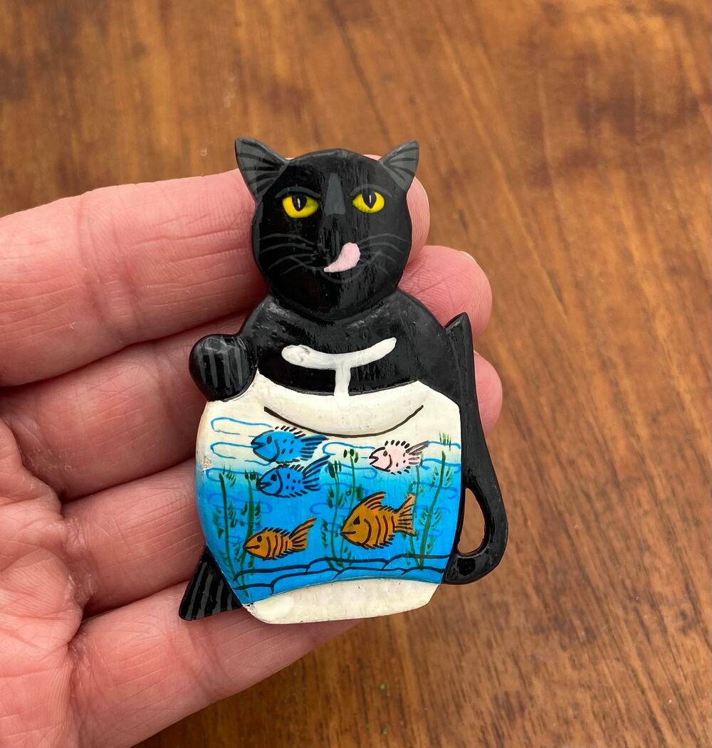 Vintage Hand Painted Wooden Black Cat and Fish Bowl Brooch
